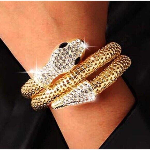 Mesh Rhinestone Snake Coil Wrap Gold Tone Bracelet Womens Designer Whimsy Goth - Picture 1 of 7